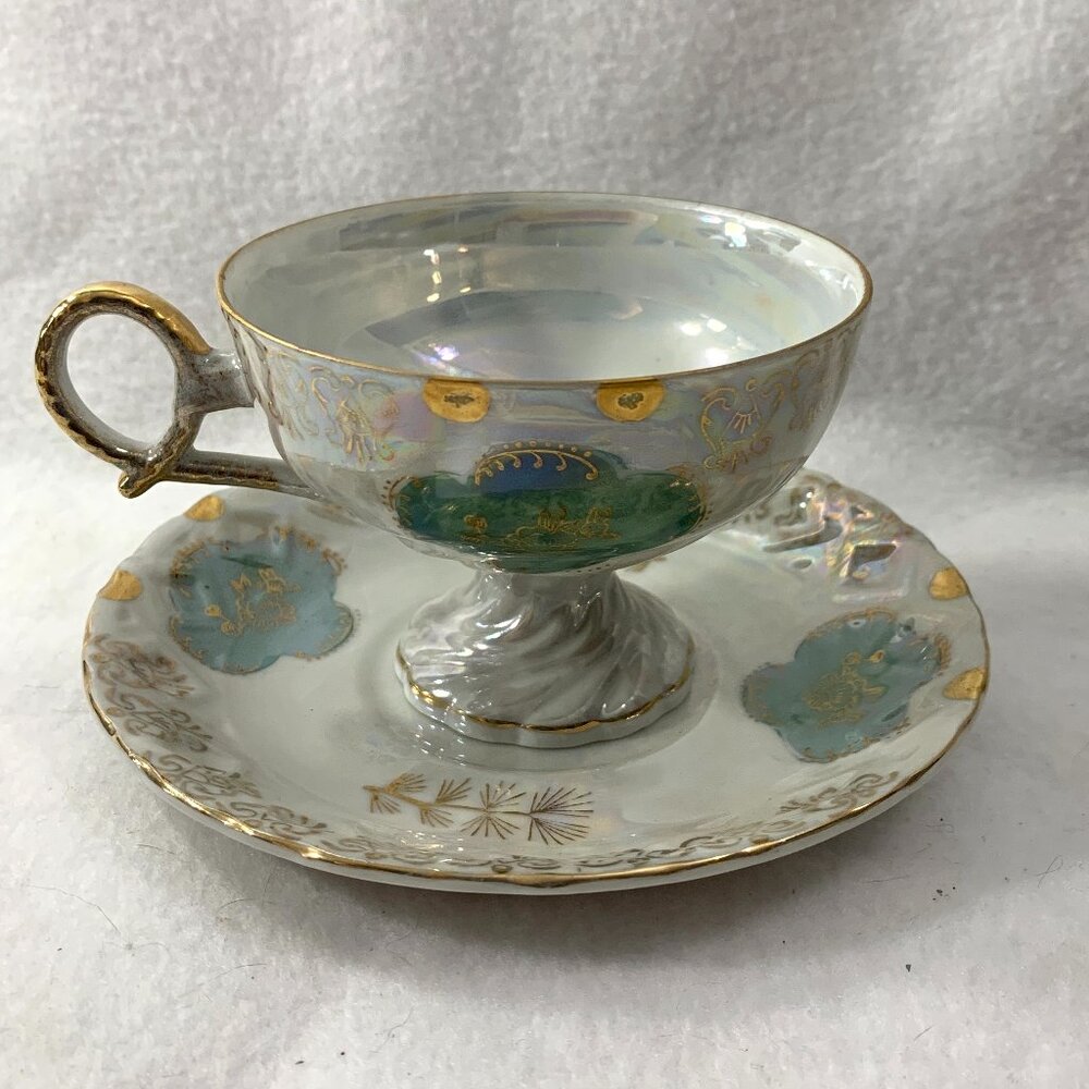 Vintage Sterling China Japan Iridescent Lusterware Footed Teacup and Saucer Set